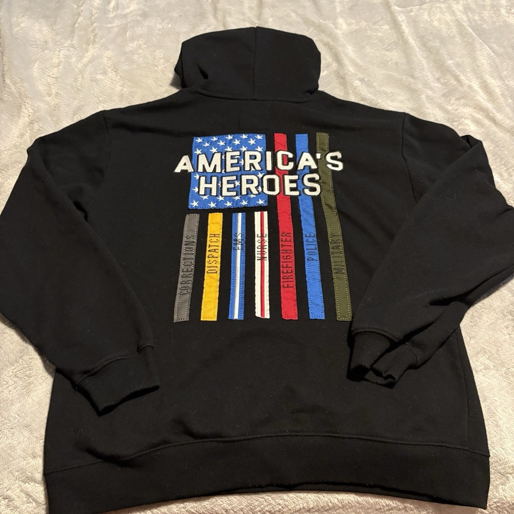 Buck Wear Men's L America's Heroes Flag Hoodie Black Pullover Cotton Blend